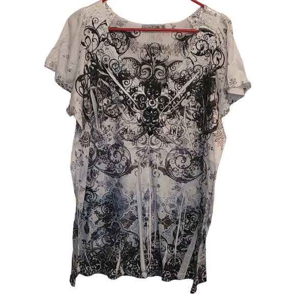UNITY World Wear Women's Black  White Gray Blue Silky Neck Shirt Plus Size 2X - Picture 1 of 5